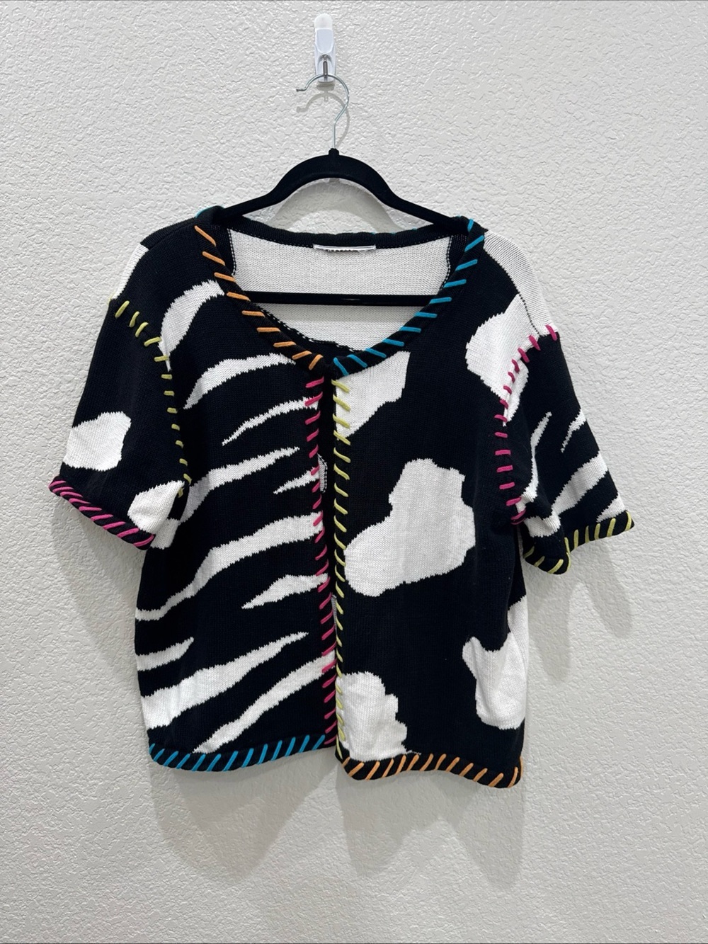 Vintage Richard Sport Cow Print Knit Cardigan Colorful Whipstitch Open Front M